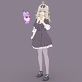 Woman With Blonde Hair In Dark School Uniform And Purple Small Pet
