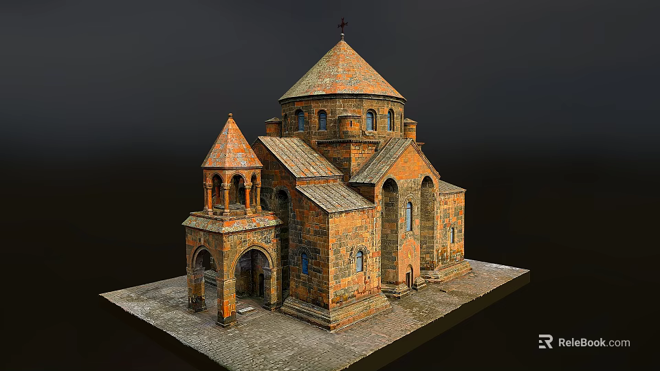 Ancient Stone Church Architecture With Dome Spire Arched Doors Cross And Stone Paved Base 3d model 