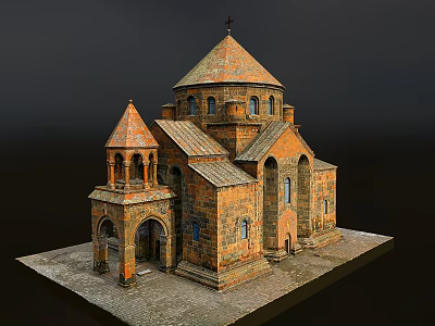 Ancient Stone Church Architecture With Dome Spire Arched Doors Cross And Stone Paved Base 3d model
