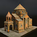 Ancient Stone Church Architecture With Dome Spire Arched Doors Cross And Stone Paved Base