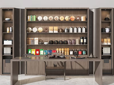 Wooden Tea Table and Chairs in Cozy Tea Room with Teapots Tea Cans Clocks and Books 3d model