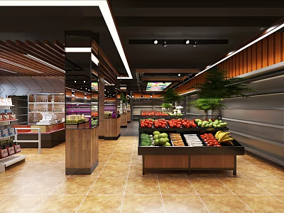 Modern Supermarket Interior Design With Fresh Fruit Display Stalls Shelves And Bright Lighting 3d model