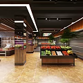 Modern Supermarket Interior Design With Fresh Fruit Display Stalls Shelves And Bright Lighting