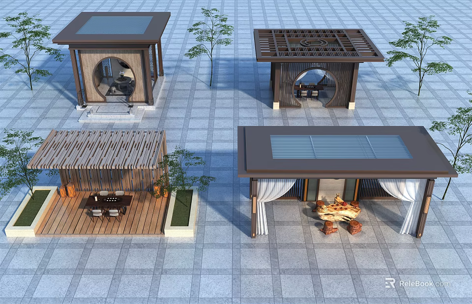Various Outdoor Pavilion Designs With Wooden Structures Green Plants And Rest Areas 3d model 