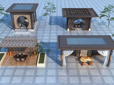Various Outdoor Pavilion Designs With Wooden Structures Green Plants And Rest Areas 3d model