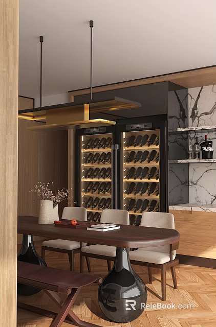 Elegant Modern Restaurant Interior With Glass Wine Cabinets Dining Table Decorative Vase And Marble Walls 3d model 