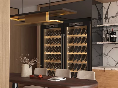 Elegant Modern Restaurant Interior With Glass Wine Cabinets Dining Table Decorative Vase And Marble Walls 3d model