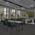 Modern Restaurant Interior With Large Windows Tables Natural Light Plants And Framed Art