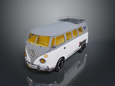 Classic Volkswagen Bus with White Body Yellow Windows and Roof Rack 3d model