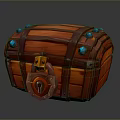 Vintage Wooden Treasure Chest With Red Wood Grain Metal Straps And Blue Gemstones