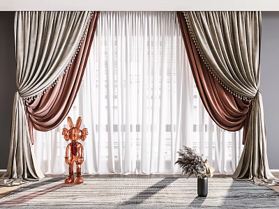Elegant Beige And Brown Curtains With Pleated Design Tassel Details Natural Light Through Window 3d model