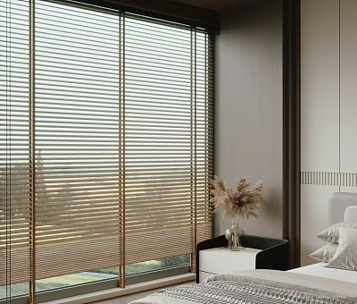 Modern Bedroom Interior Featuring Large Window With Wooden Blinds And Dried Flowers On Bedside Table 3d model
