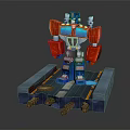 Red And Blue Robot Figure Standing On Platform With Road Design And Pipes