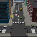 Cartoon City Street Scene With Colorful Buildings Various Vehicles Ambulance Truck And Zebra Crossing