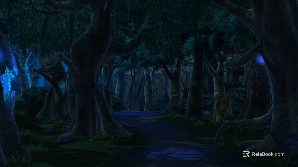 Cartoon Dark Forest Scene With Tall Trees Thick Trunks Vines Pathway And Blue Glowing Lights 3d model 