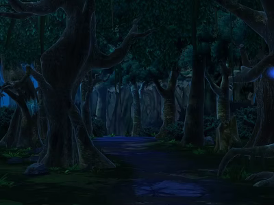 Cartoon Dark Forest Scene With Tall Trees Thick Trunks Vines Pathway And Blue Glowing Lights 3d model