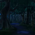 Cartoon Dark Forest Scene With Tall Trees Thick Trunks Vines Pathway And Blue Glowing Lights