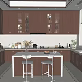 Dark Wood Kitchen Interior Design With Central Island Stools And Large Windows 3d model