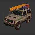 Beige Off Road Vehicle with Orange Kayak Blue Storage and Red Gear on Roof Rack