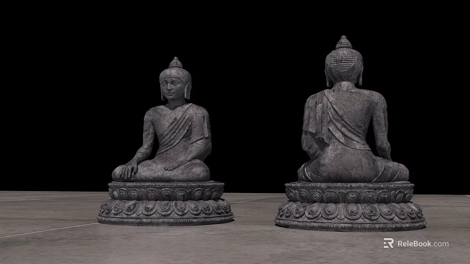 Buddha Stone Sculpture Carving Front And Back Views With Seated Posture 3d model 