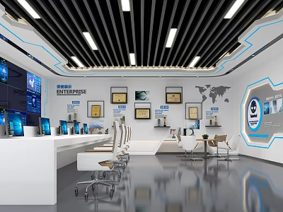 Modern Enterprise Monitoring Room With Multiple Screens Control Desk Chairs World Map And Certificates 3d model