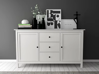 White Entryway Console Table With Green Plant Picture Frame Books Vase On Dark Wall 3d model