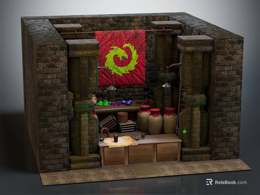 Rustic Wine Cellar Interior With Brick Walls Red Yellow Dragon Tapestry And Storage Jars 3d model 