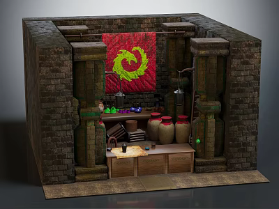 Rustic Wine Cellar Interior With Brick Walls Red Yellow Dragon Tapestry And Storage Jars 3d model