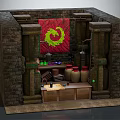 Rustic Wine Cellar Interior With Brick Walls Red Yellow Dragon Tapestry And Storage Jars