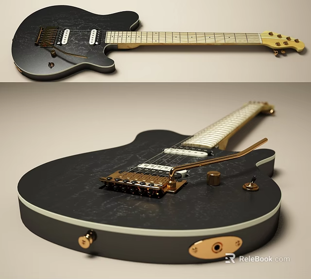 Modern Electric Guitar With Black Body Gold Strings And Control Knobs 3d model