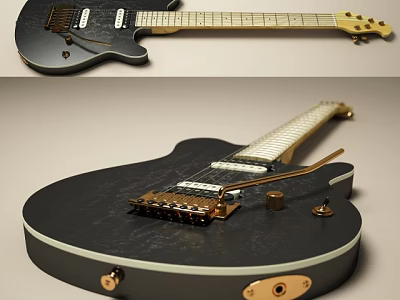 Modern Electric Guitar With Black Body Gold Strings And Control Knobs 3d model