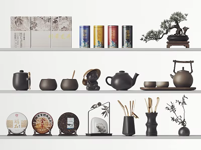 Traditional Tea Set with Teapot Teacups Tea Cans Cakes and Decorative Ornaments on Shelf 3d model