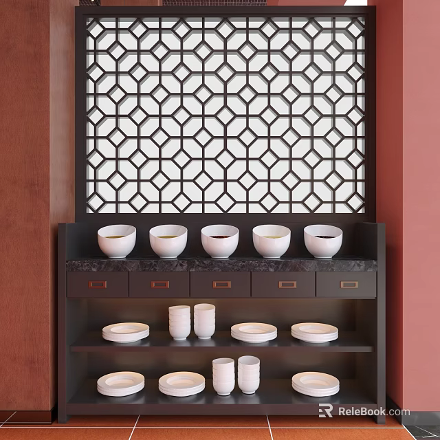 Dark Wood Sideboard With White Bowls Plates And Drawers Against Red Wall Geometric Lattice Screen 3d model 