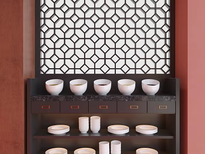 Dark Wood Sideboard With White Bowls Plates And Drawers Against Red Wall Geometric Lattice Screen 3d model