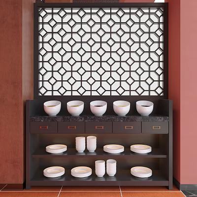 Dark Wood Sideboard With White Bowls Plates And Drawers Against Red Wall Geometric Lattice Screen 3d model