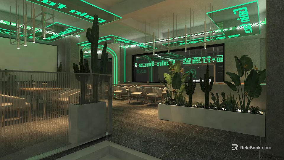 Modern Bar Interior with Green Neon Lights Cacti and Tables Chairs 3d model 
