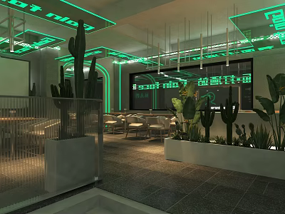 Modern Bar Interior with Green Neon Lights Cacti and Tables Chairs 3d model