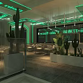 Modern Bar Interior with Green Neon Lights Cacti and Tables Chairs
