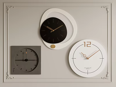 Stylish Wall Clocks With Various Designs In Black White Gray On Decorative Wall 3d model