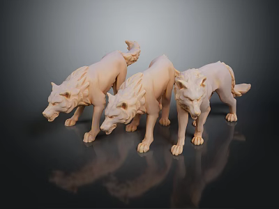 Three Light Colored Wolf Sculptures in Standing Pose with Reflections on Dark Background 3d model