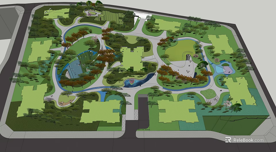 Residential Landscape Design Featuring Green Spaces Winding Paths Water Features And Trees 3d model 