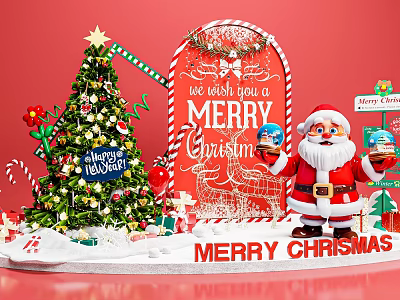 Christmas Themed Photo Spot With Decorated Tree Santa Claus Festive Gifts And Merry Christmas Sign 3d model