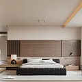 Modern Bedroom Interior With Black Bed Wooden Wall Large Window White Curtains And Light Rug