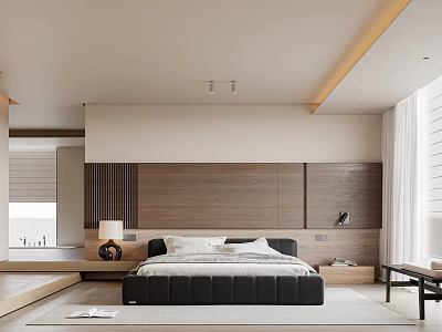 Modern Bedroom Interior With Black Bed Wooden Wall Large Window White Curtains And Light Rug 3d model