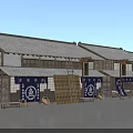 Traditional Japanese Wooden Buildings With Tile Roof Blue Banners White Symbols And Wooden Barrels