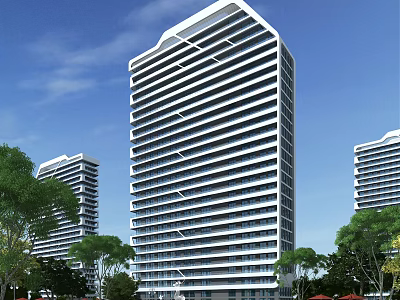 Modern High Rise Residential Building With Green Surroundings And Trees Against Blue Sky Background 3d model
