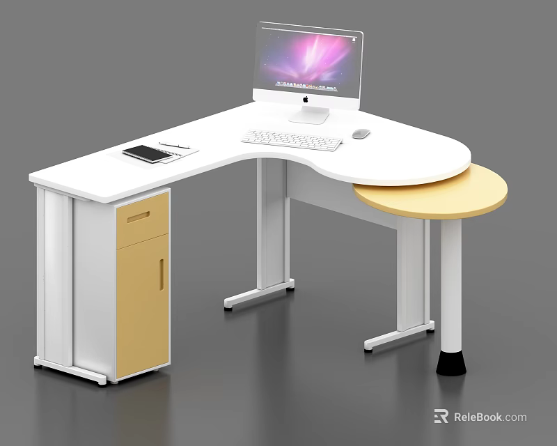 L Shaped Office Desk With White Surface Yellow Cabinet Computer Monitor Keyboard Mouse And Tablet 3d model 