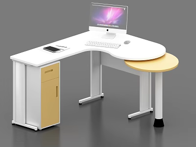 L Shaped Office Desk With White Surface Yellow Cabinet Computer Monitor Keyboard Mouse And Tablet 3d model