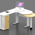 L Shaped Office Desk With White Surface Yellow Cabinet Computer Monitor Keyboard Mouse And Tablet