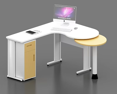 L Shaped Office Desk With White Surface Yellow Cabinet Computer Monitor Keyboard Mouse And Tablet 3d model